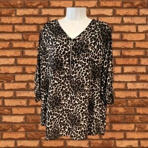 𝅺CATHY animal print neck zip pullover tab sleeve shirt blouse tunic sz L